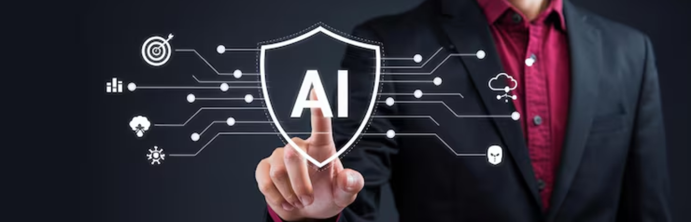 Person touching AI shield for cybersecurity, titled “AI in Cybersecurity: A Double-Edged Sword