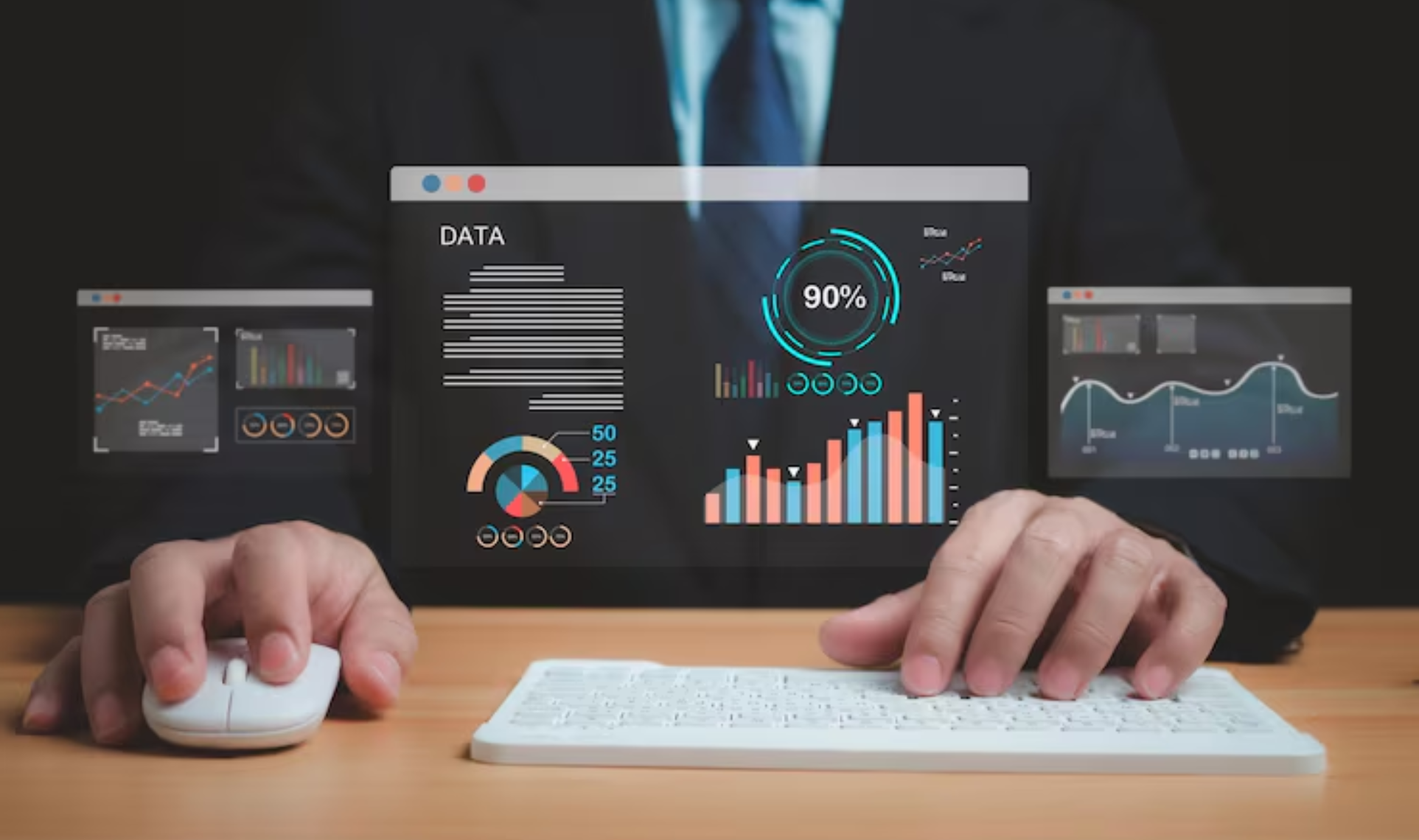 Man analyzing business charts on a holographic data dashboard for Data-Driven Optimization.