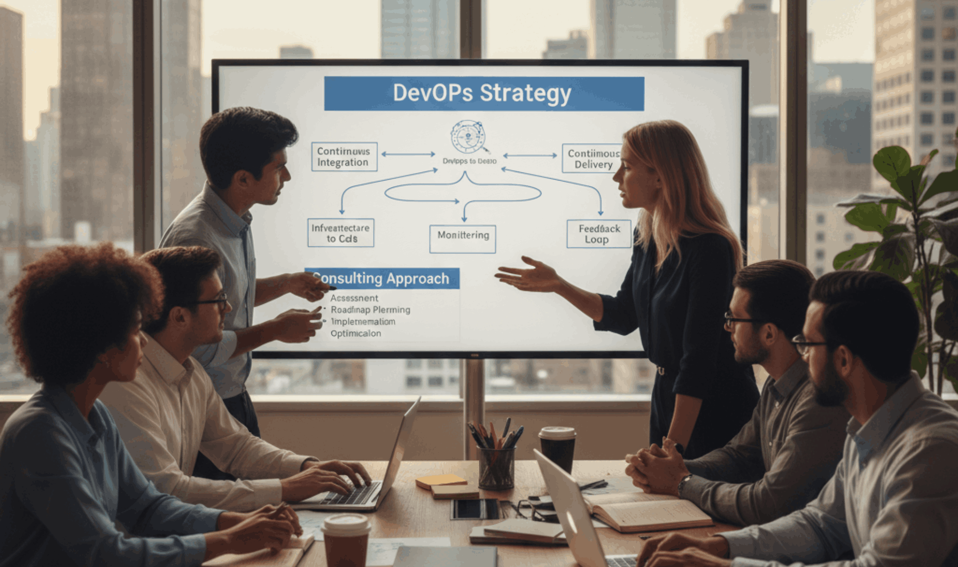 A clean vector illustration of a DevOps infinity loop with strategy icons on a white background.