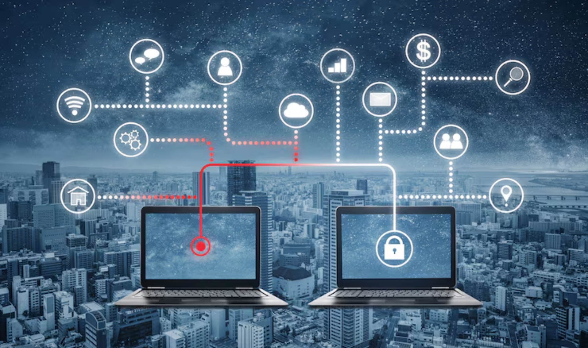 Two laptops connected by digital network icons over a cityscape, illustrating secure data flow, cloud access, and distributed connectivity - SD-WAN & Software-Defined Networking.