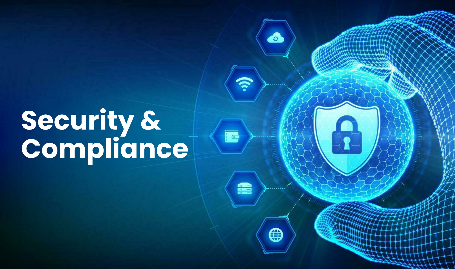 Digital cybersecurity shield surrounded by icons representing data protection, cloud security, and compliance — Security & Compliance.