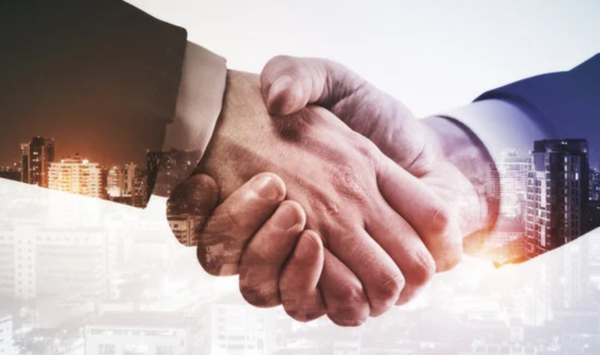 A businessman's hand presenting a holographic global target network surrounded by business icons, symbolizing Transparent Partnerships and global goal alignment.