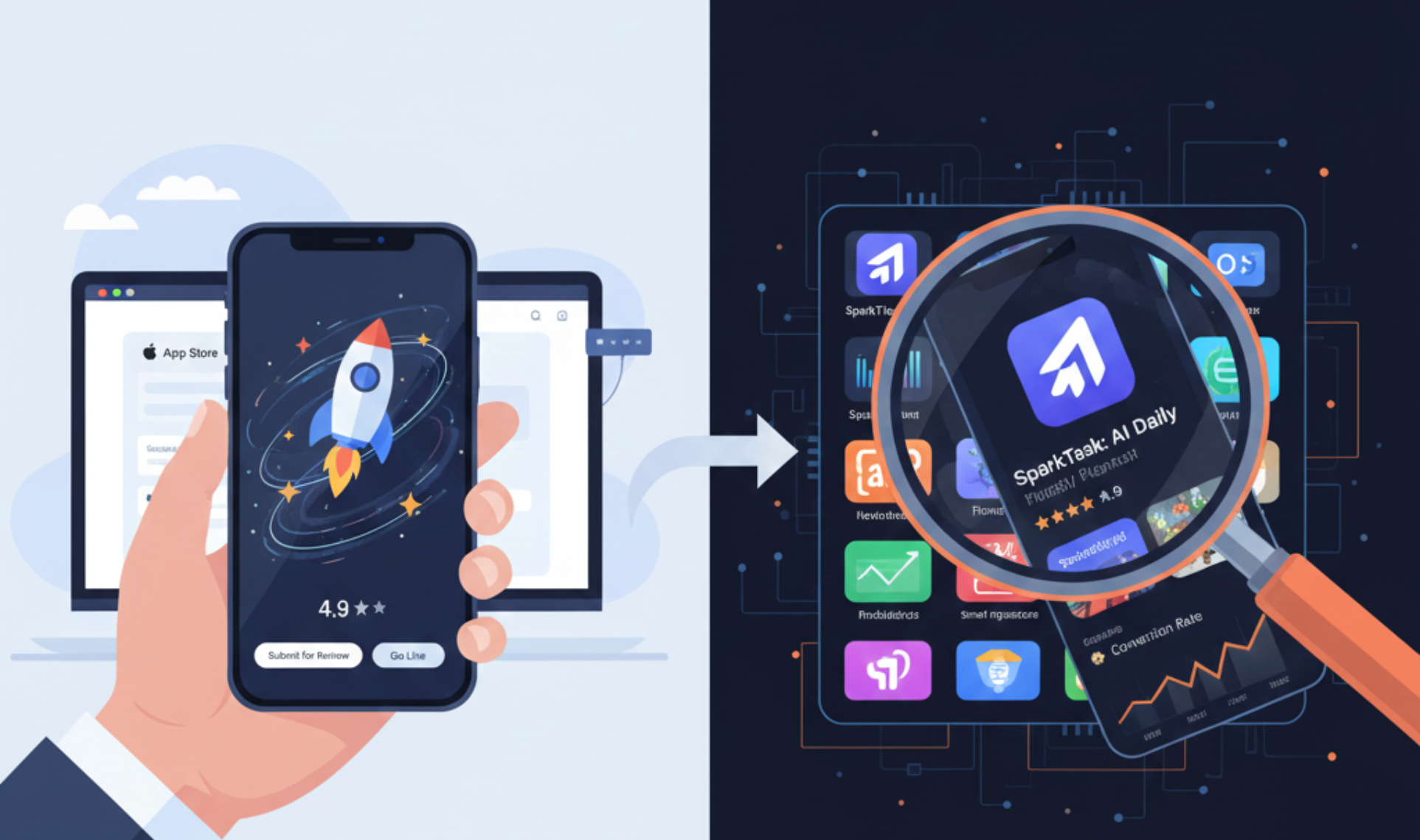 Visual representation of App Store Launch and ASO, featuring a smartphone screen emerging from a rocket, surrounded by optimization symbols, keywords, and app icons.