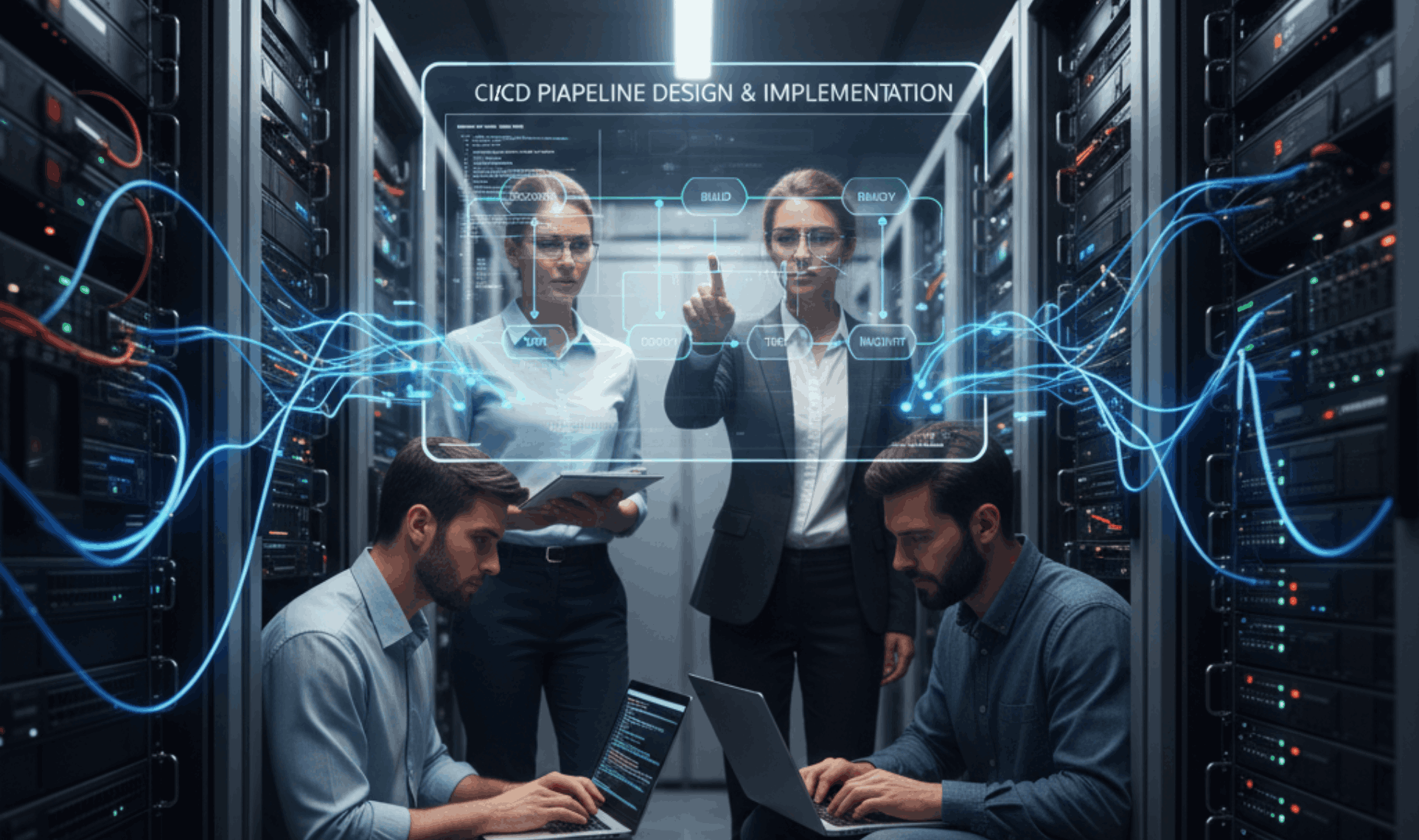 A clean vector diagram showing a CI/CD pipeline with icons for code, build, test, and deploy stages.