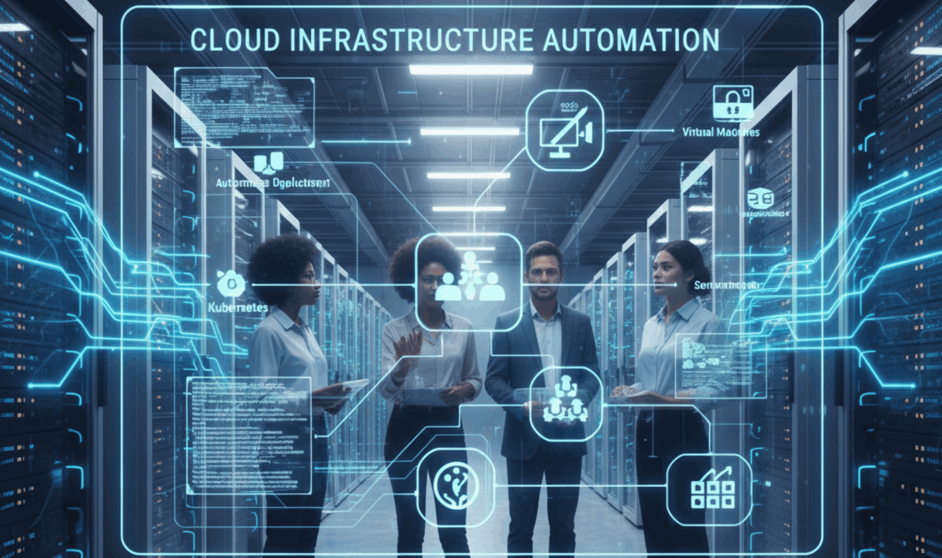 A 2D vector illustration of cloud servers connected to automation gears and digital sync icons.