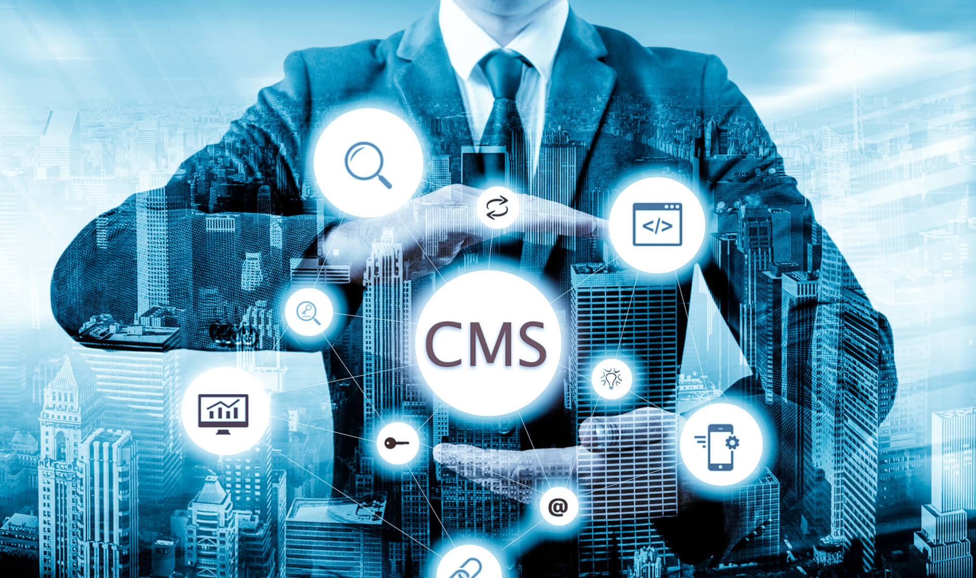 Person in a business suit with floating digital icons connected around the word ‘CMS’ over a city background.