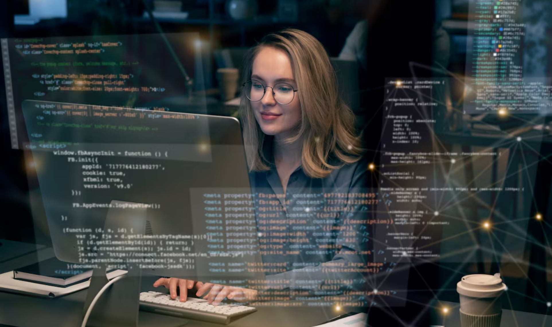 Developer working at a computer with code overlays, representing custom software development.