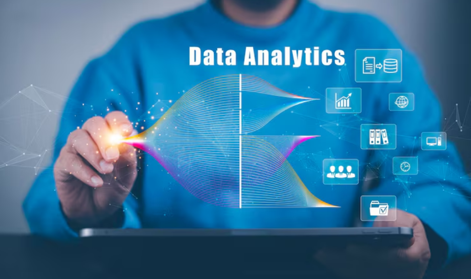 Person interacting with a glowing, colorful stream of data and various icons, representing Data analytics and insights.