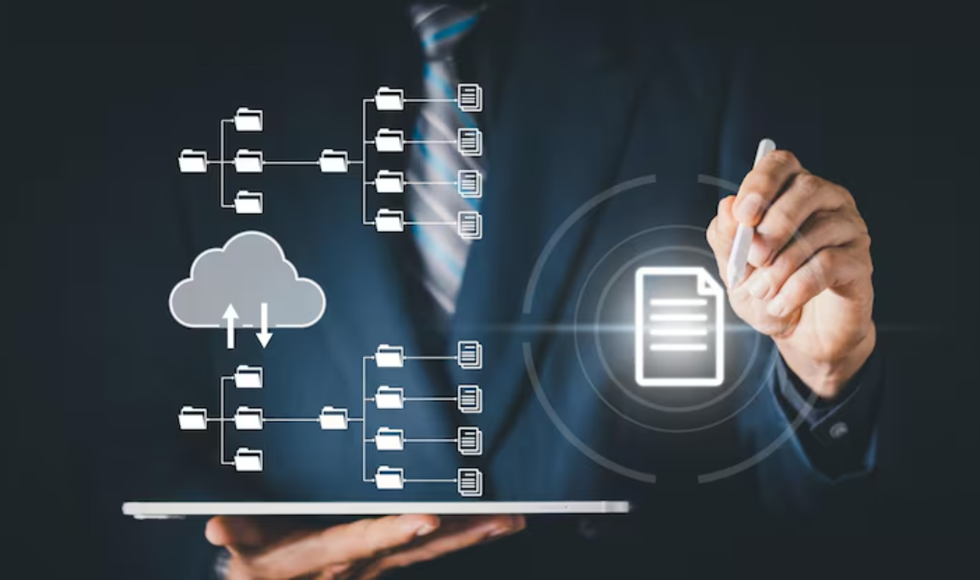 Business professional using a tablet with digital file structures and cloud icons, representing data migration.