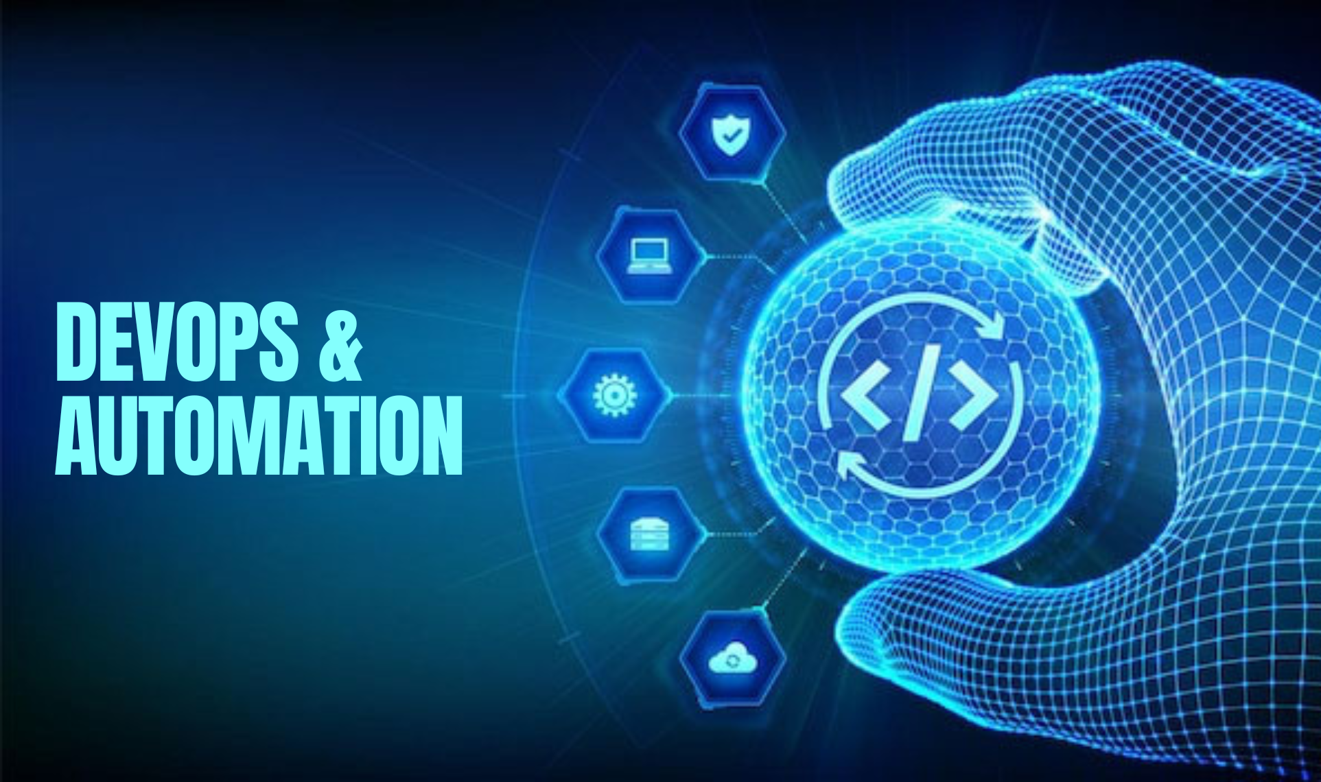 Digital hand holding a glowing automation and coding icon surrounded by technology symbols, representing DevOps & Automation.