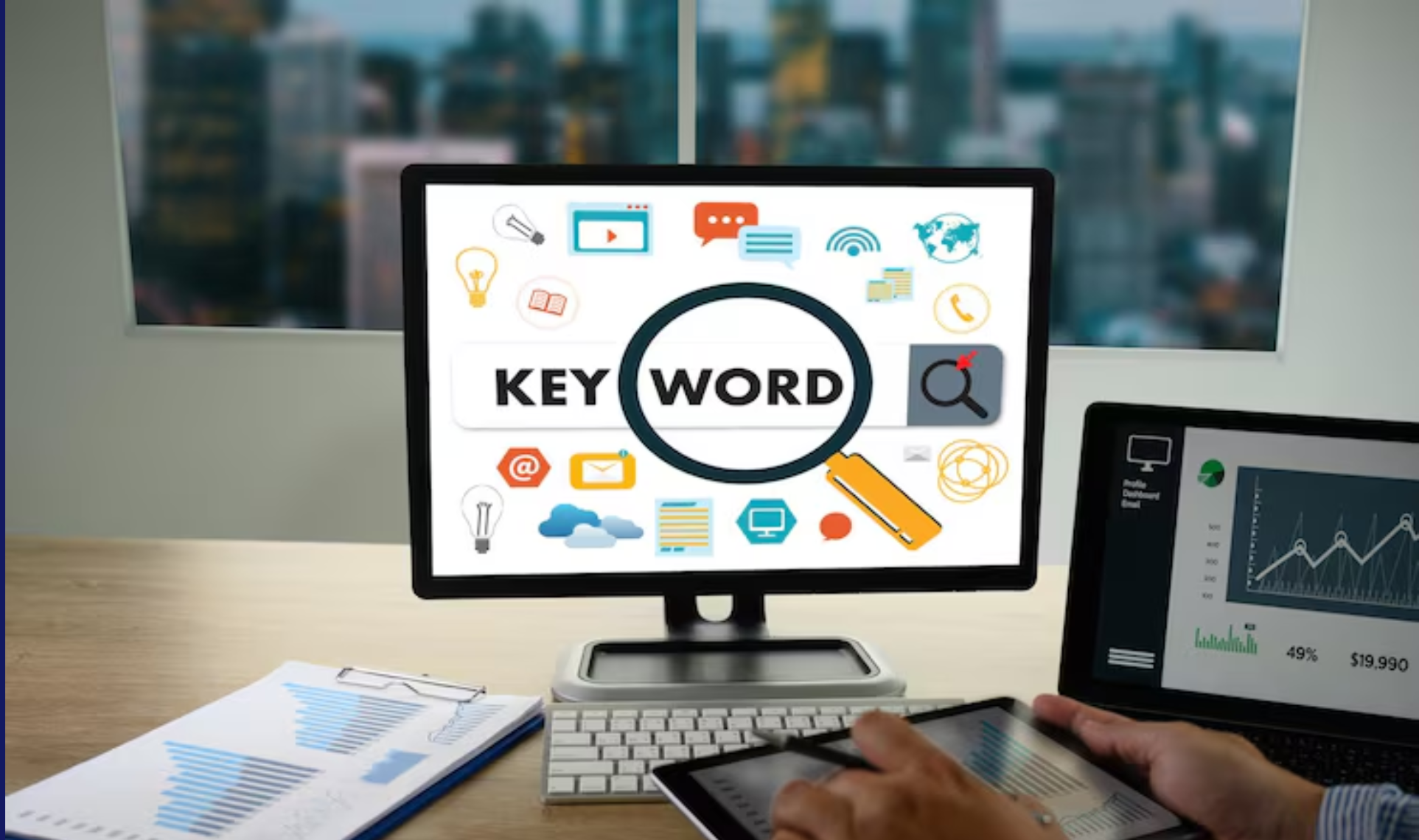 SEO workstation with a keyword research screen and analytics charts.