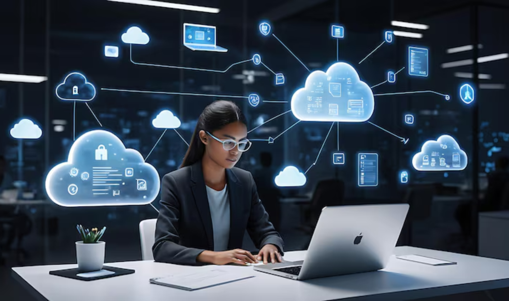 Business professional working on a laptop with multiple glowing cloud computing icons representing Cloud Management.