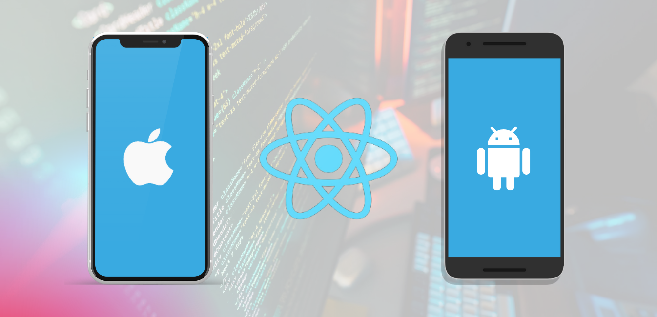 iOS and Android smartphones with React logo, native app development concept.
