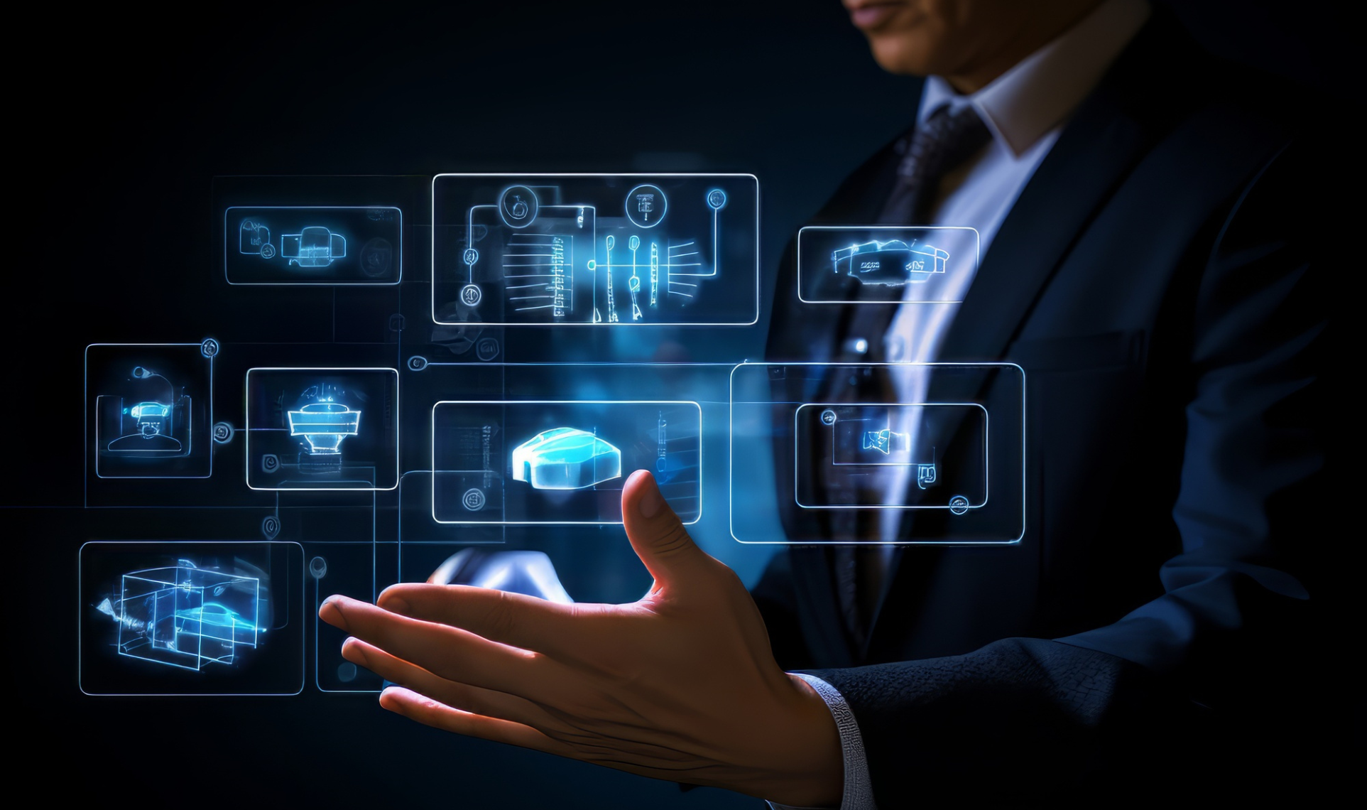 Businessman gesturing at a complex, floating interface of digital icons, representing comprehensive network management.