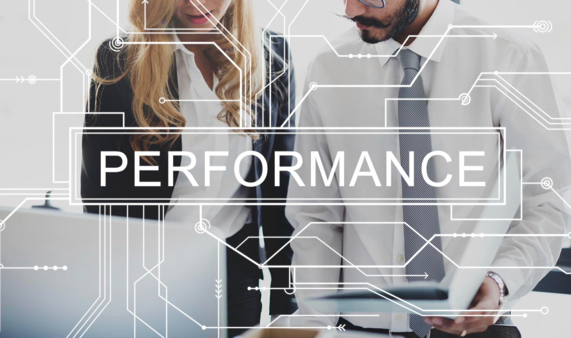 Business team reviewing data with a digital performance Optimization overlay.