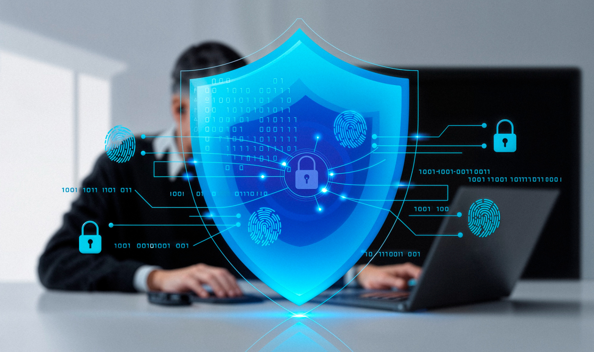 Person working on a laptop with a digital security shield, fingerprint icons, and padlocks representing Security & Compliance.