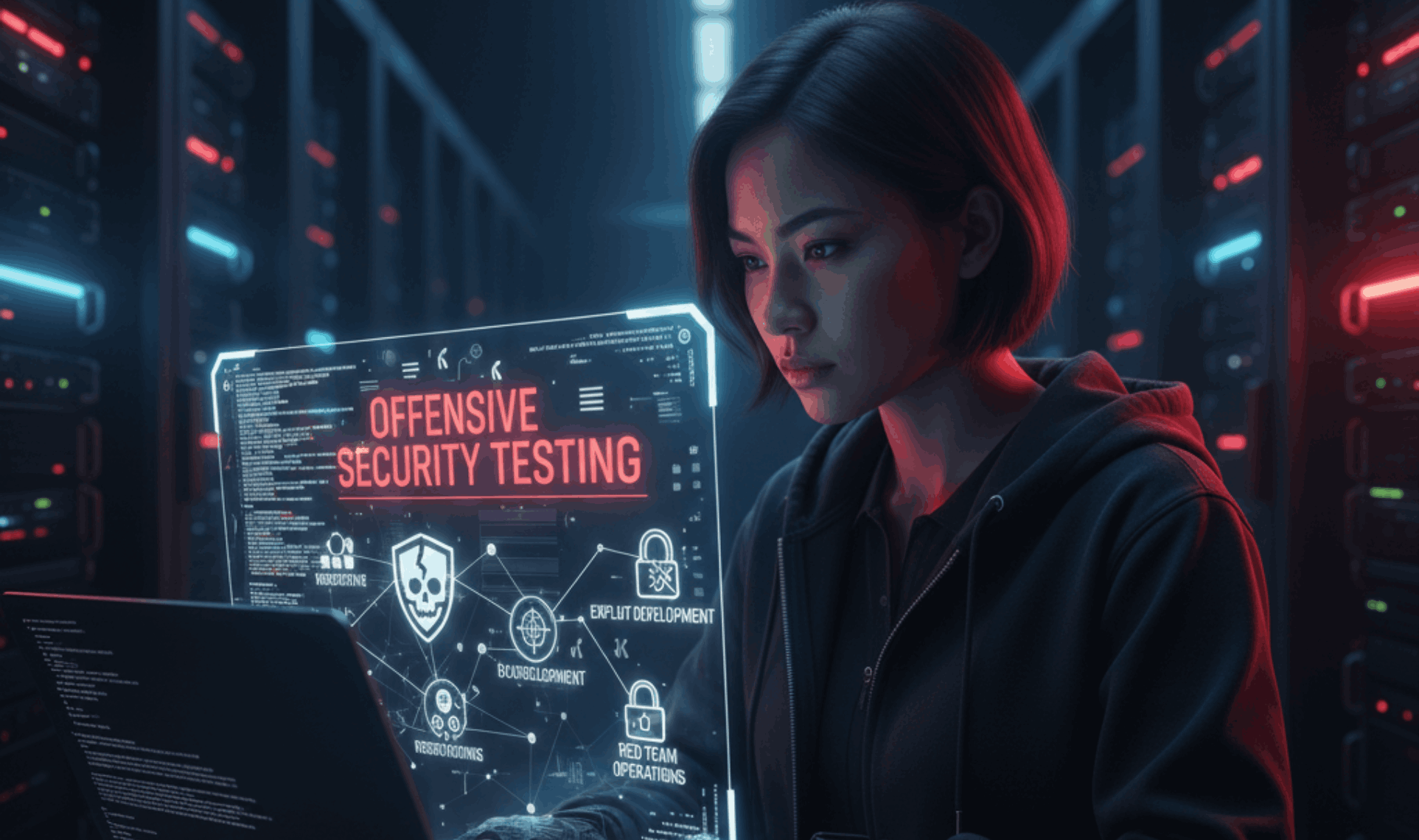 A 2D vector illustration of a digital shield, a magnifying glass, and security icons representing Offensive Security Testing.