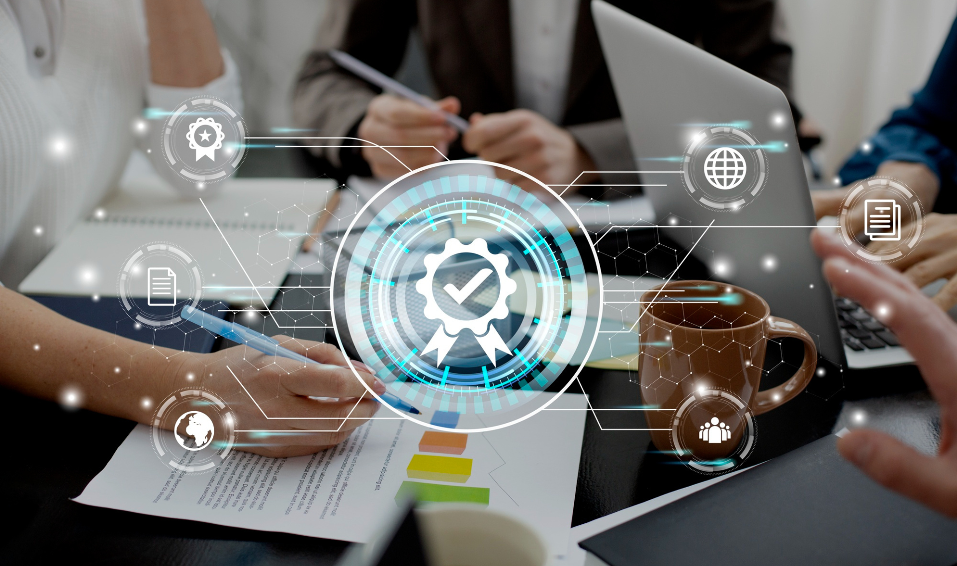 Team working at a desk with a digital quality-check and system-integration icon overlay.