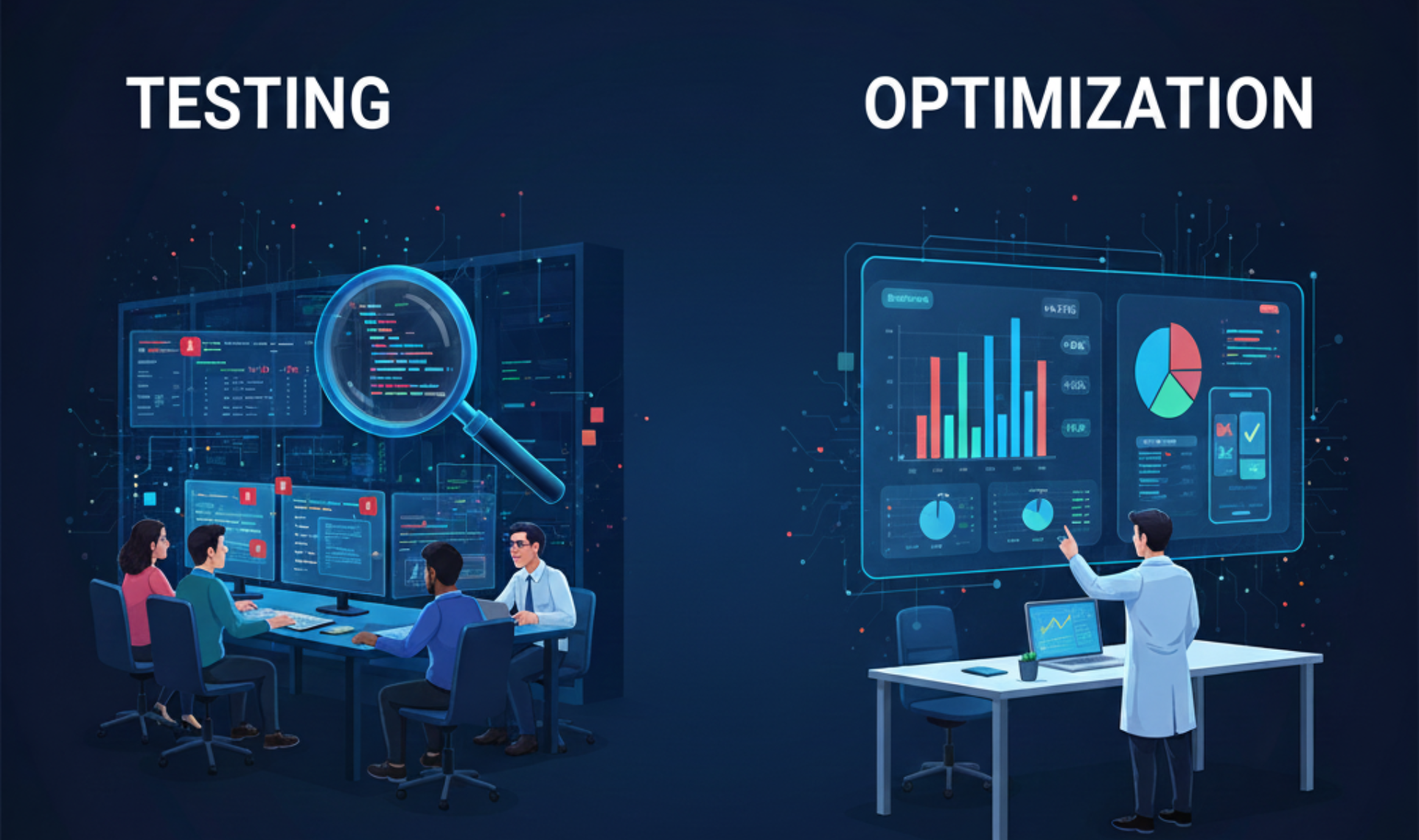 Testing and Optimization flowchart showing a bug magnifying glass leading to an upward trend chart and a gear icon for improvement.