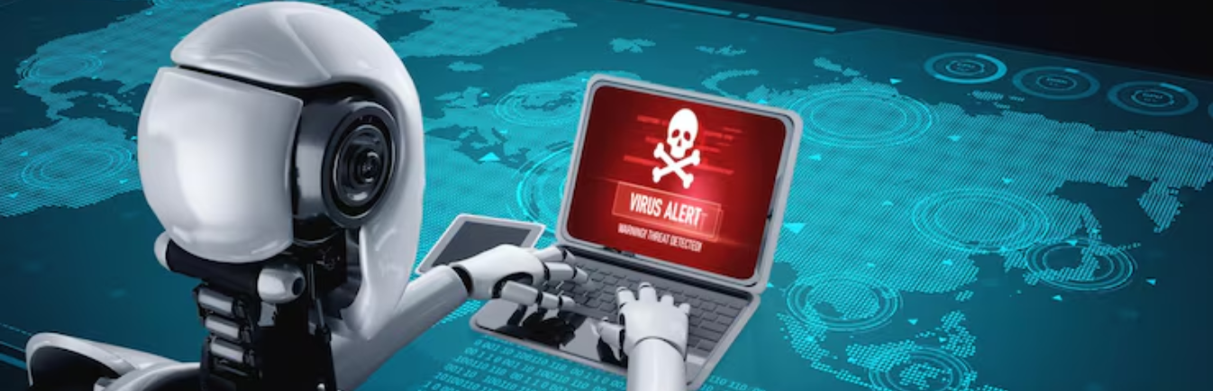 AI robot using a laptop showing a red virus alert on a digital world map background