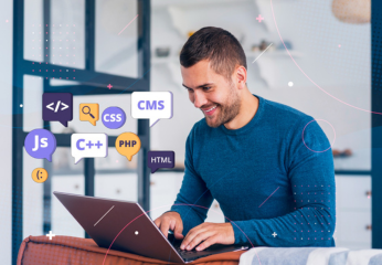 Smiling man using a laptop with floating web development icons like HTML, CSS, and JS.